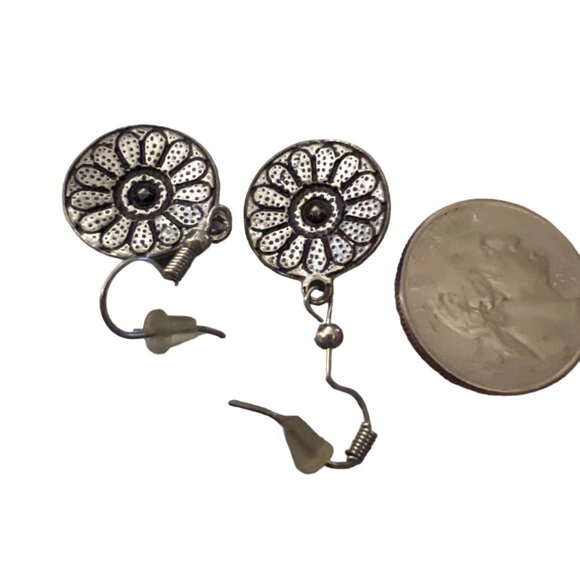 Vintage Pierced Earrings Blue Drop Dangle Crystal Floral Enamel Silver Tone - Picture 5 of 6